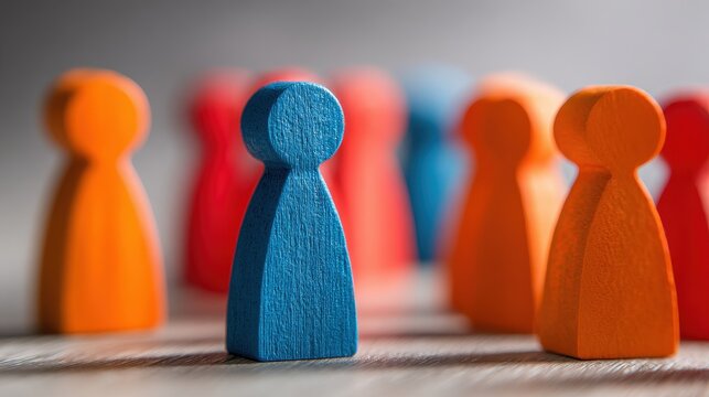 Single Blue Wooden Pawn Stands Out Among Red and Orange Pawns in a Group Leadership Concept With Soft Lighting and Shallow Depth of Field