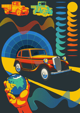 1930s - 1940s Retro Car and Retro Trucks, Abstract Illustration with 3D Dimensions, Geometric Shapes, Vintage Color Combination