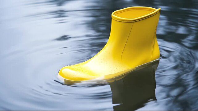 A yellow rubber boot floats in dark, rippling water.