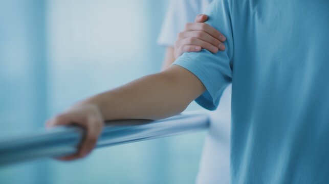 Rehabilitation of a patient after an injury. A patient is curing with the assistance of a nurse