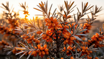 Fototapeta premium a close-up of sea buckthorn plants adorned with vibrant orange berries. The orange berries stand out against the frosty background at sunrise.