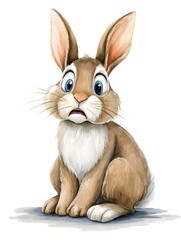 Obraz premium Cute surprised bunny sitting on white background, adorable rabbit character illustration with big blue eyes for Easter and kids