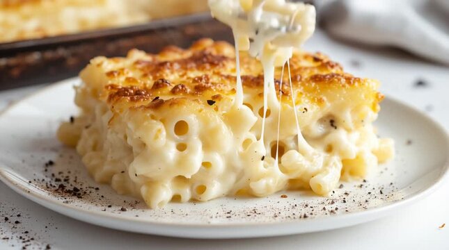 Close-up of baked mac and cheese with fork pulling melted cheese. Creamy texture stretching in slow motion.