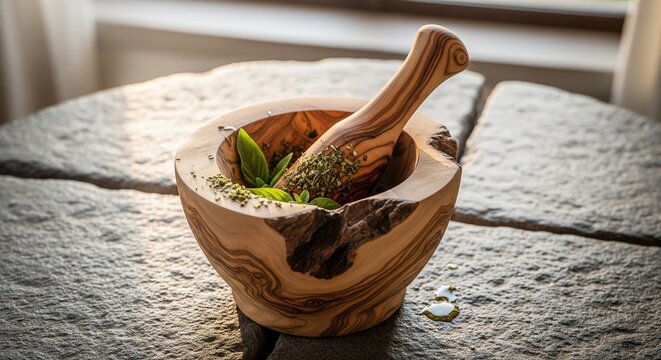 Olive wood mortar and pestle with fresh herbs