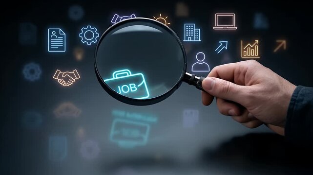 Job magnifying glass search recruitment hiring business career opportunity analysis focus vacancy candidate employment human resource workforce staff office corporate professional occupation work