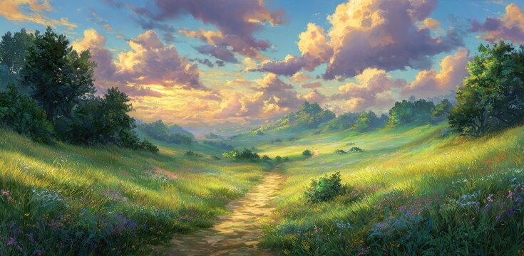 Sun-drenched winding path through vibrant green meadows and hills, dramatic cloudscape