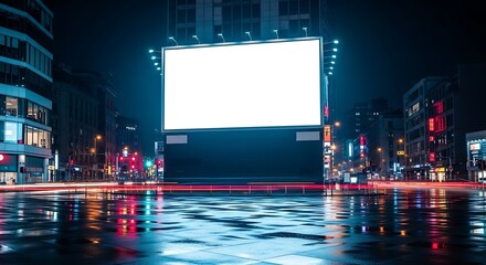 Bright Empty Billboard at Night in City Square