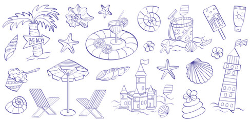 Fototapeta premium Summer Beach Doodle Vector Set, Hand Drawn Tropical Line Art Icons Collection, Seashell Starfish Sandcastle Umbrella Chair Cocktail Ice Cream Outline Elements Pack