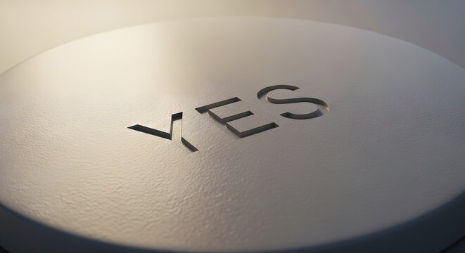 Close-up of a textured button with the word 'YES' engraved on a smooth surface.