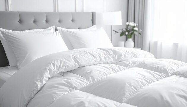 Cozy White Bedroom with Comforter and Pillows.