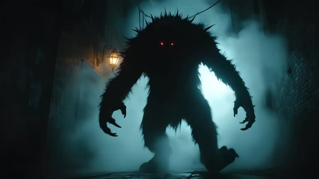 A monstrous silhouette with glowing red eyes lurks in a foggy alley.