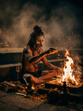 Aghori Sadhu Performing Fire Ritual at Night, Intense Spiritual Practice