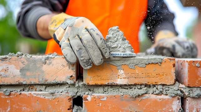 Skilled bricklayer wearing gloves diligently applying mortar to construct a sturdy brick wall