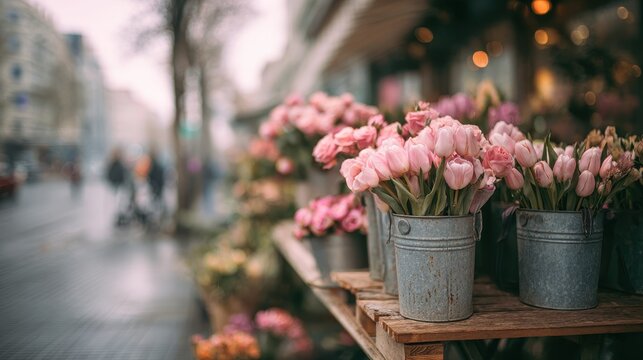 charming pink tulips arranged in galvanized buckets displayed outside a quaint flower shop on a city street in soft daylight with blurred urban background and bokeh lights in background