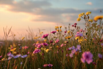 Obraz premium Soft sunset glow over a meadow filled with colorful wildflowers