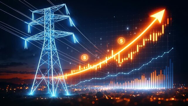 Financial graph showing electricity price increase with neon power lines. Conceptual video of energy market inflation.