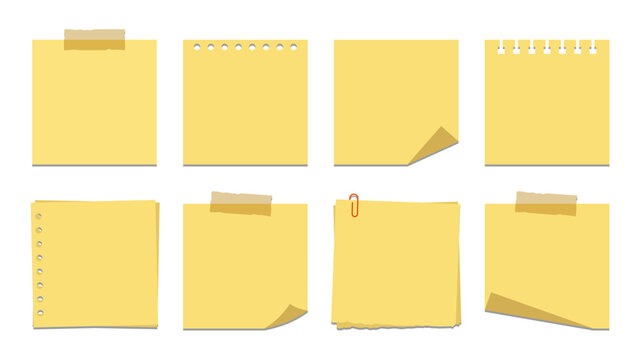 Isolated Sticky Note Illustration Set Yellow Memo Paper Collection with Tape Clip and Fold Effects Flat Style Reminder Notes for Design