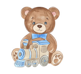 Cute bear plays with block in watercolor art © NATALIA