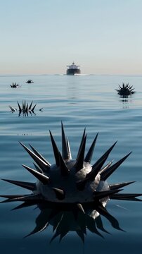 Spiked naval mines floating in calm ocean water with cargo ship on horizon. Maritime security and sea defense concept. Vertical video with panning and tilting camera movement.