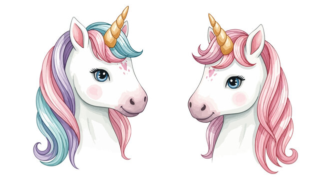 Watercolor unicorn duo portrait whimsical illustration on white background