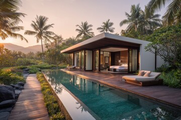 Fototapeta premium Open-plan tropical villa: pool, greenery, and bright interior bedroom