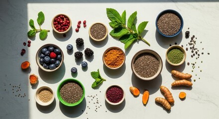 Naklejka premium Assorted Superfoods and Spices in Ceramic Bowls with Fresh Mint Leaves and Turmeric Root on White Background, Healthy Nutrition, Organic Berries, Seeds, and Antioxidant Ingredients