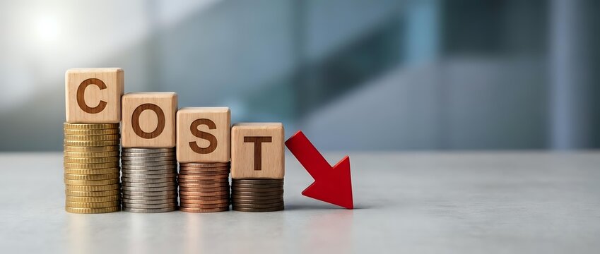 Wooden blocks spelling COST with stacked coins showing declining heights and red arrow pointing down, representing expense reduction and financial savings concept.
