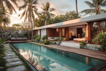 Fototapeta premium Tropical pool villa with glass-walled bedroom and modern outdoor living