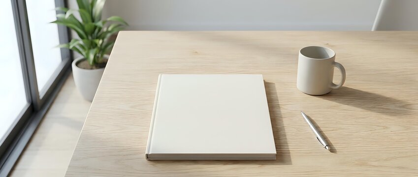 Minimalist workspace with blank notebook, pen and coffee mug on wooden desk. Clean office setup for productivity, planning and creative work.