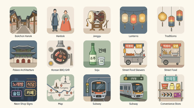 A collection of flat design icons representing various aspects of Korean culture, including traditional architecture, clothing, food, drinks, transport, and modern city life.