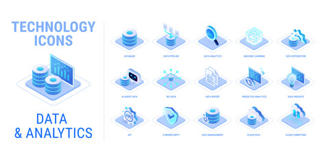 Fototapeta premium Technology icons set for Data Analytics workflow diagram - isolated on white background - AI and data, AI agent data, machine learning, API cloud, cybersecurity - high quality isometric vector