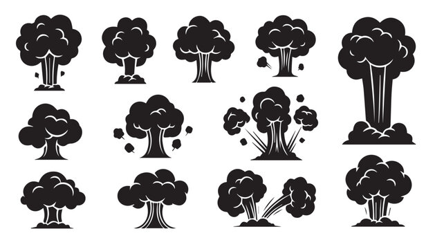 Collection of mushroom cloud explosion icons with explosion effect, blast wave