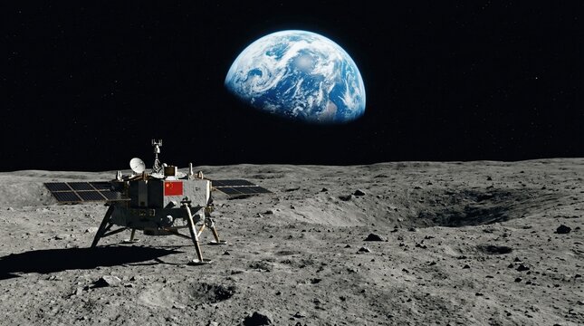 A robotic lunar lander stands on the moon's surface, facing the breathtaking view of Earth in the distance.