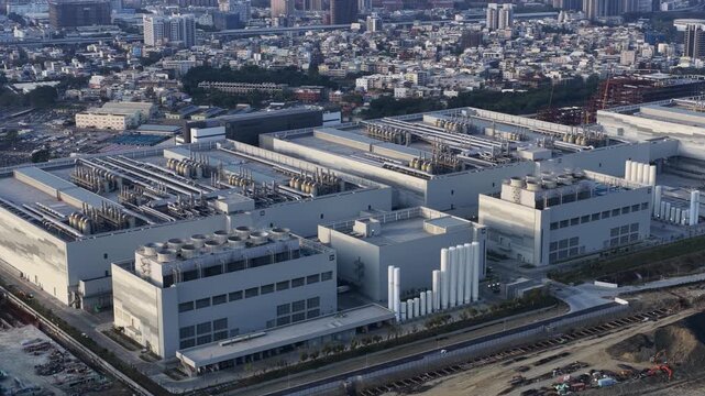 Aerial view of tsmc semiconductor manufacturing fab in taiwan