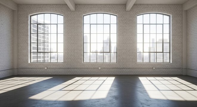 A bright, empty industrial room with three large arched windows. The sun casts long, rectangular shadows across the dark floor. White brick walls and ceiling beams