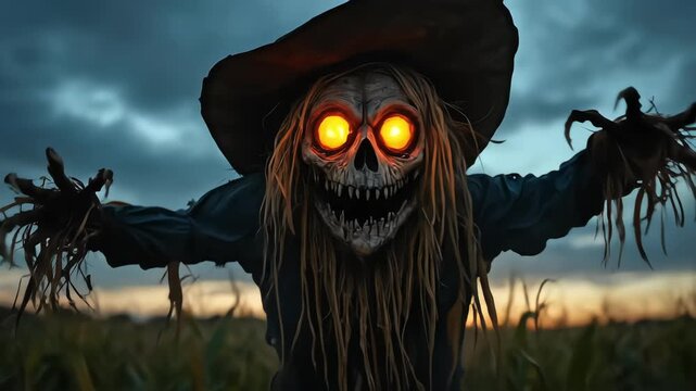 A terrifying scarecrow with glowing eyes stands in a cornfield at dusk.