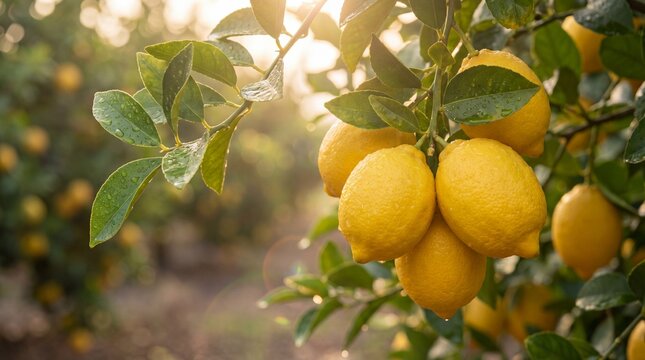Fresh Ripe Lemons Growing on Tree in Sunlight