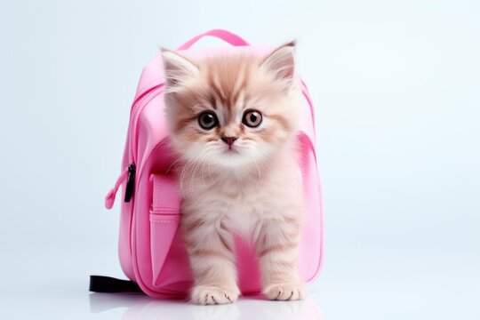 Adorable kitten looking out from a bright pink bag, ready for school