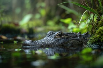 Obraz premium Wildlife in shallow water: alligator resting in murky swamp among green vegetation