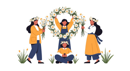 Naklejka premium Group of Women Celebrating with Floral Wreath in a Nature Setting