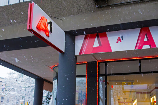 A1 mobile network store exterior on street in Belgrade capital of Serbia during winter snow