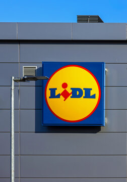 Large international Lidl supermarket logo outside on building facade wall in Belgrade capital of Serbia street