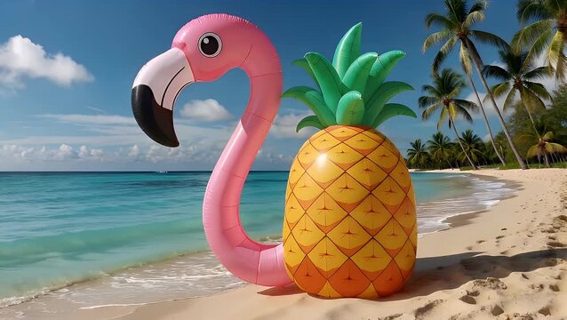 A vibrant and playful summertime background design featuring a cartoon-style illustration of a tropical pineapple and a pink inflatable flamingo float on a sandy seashore with ample space for text