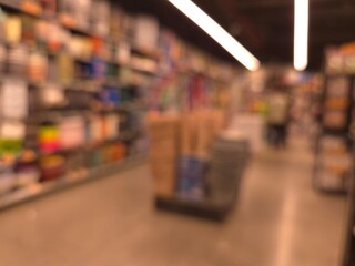 Fototapeta premium Blurred Supermarket Interior Background with Bokeh Lights and Copy Space