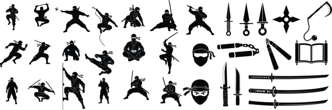 Black Silhouette Ninja Warrior Collection with Action Poses Weapons and Combat Moves for Martial Arts