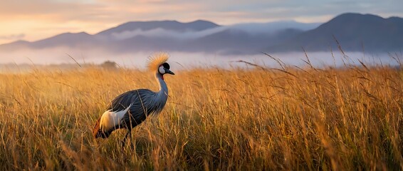 Fototapeta premium Grey crowned crane standing in golden grassland at sunrise with misty mountains in background creating serene African wildlife landscape scene.