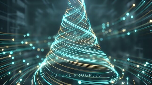 Futuristic spiral cone with glowing cyan light trails and radial burst effects on dark background for technology and innovation concepts.