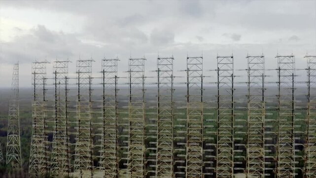 Enormous abandoned Duga radar system standing in the middle of a forest near Chernobyl and Pripyat
