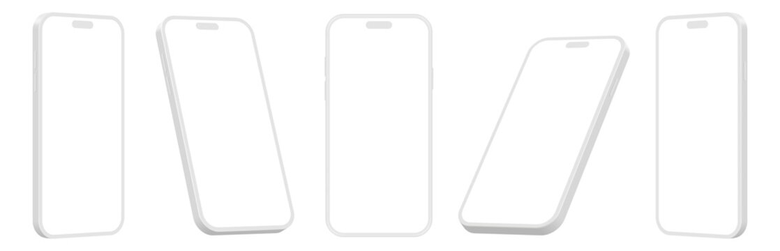 Clay Smartphone Mockup Collection in Premium Clean Style, Perspective mobile phone With Blank Screen isolated on Transparent Background	