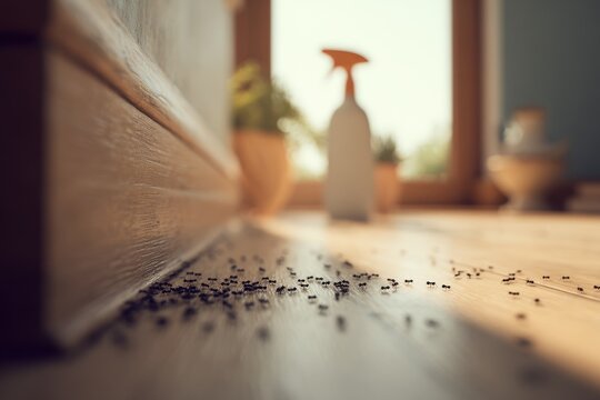 Indoor scene of a dense trail of black ants across a light wooden floor during pest control
